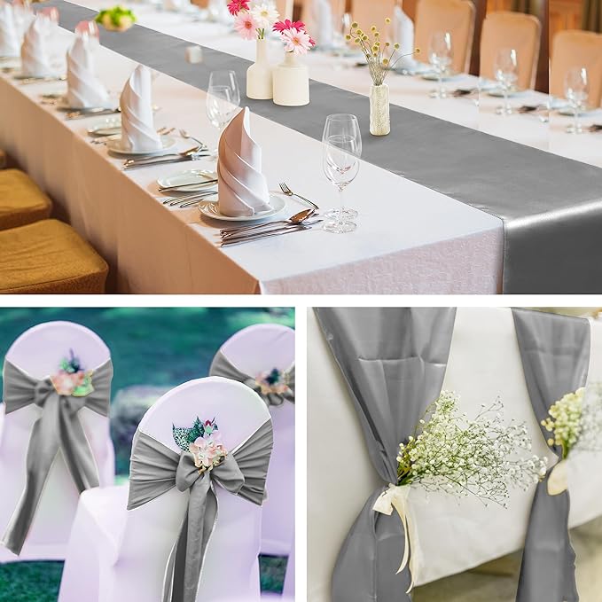 Aneco 4 Pack Satin Table Runner 12 x 108Inch Long Bright Silk and Smooth Fabric Party Table Runner for Wedding Banquet Party Decoration-Silver Gray