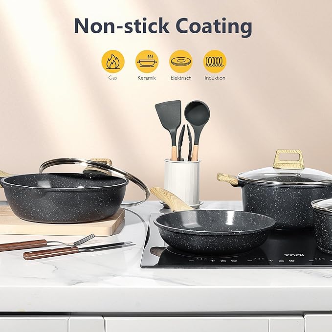 GiPP Pots and Pans Set Non Stick - 10 Pcs White Granite Kitchen Cookware Sets Nonstick Induction Cookware Cooking Pan Set with Frying Pans, Saucepans and Silicone Utensils, PFOS & PFOA Free, Gray