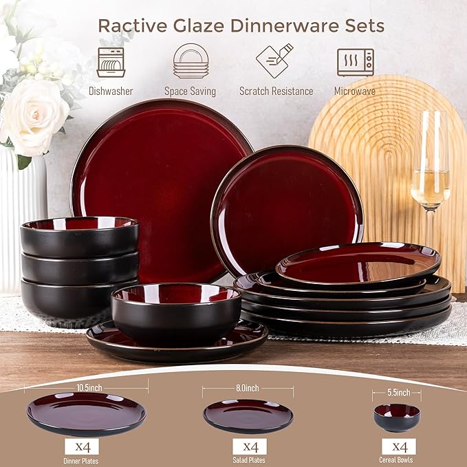 GBHOME Ceramic Dinnerware Sets for 4, 12 Pieces Stoneware Plates and Bowls Sets, Scratch Resistant Dishes, Dishwasher & Microwave Safe, Reactive Glaze-Burgundy