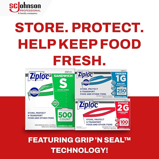 SC Johnson Professional Ziploc Brand Food Storage Freezer Bags, 1 Gallon Freezer Bags, Ziploc Brand Bags, Commercial Pack, 250 Count Box, for Professional Use Only