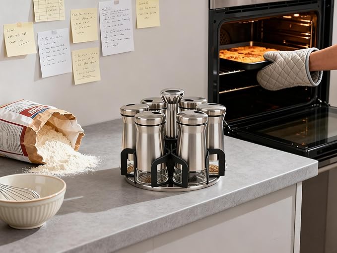 360째 Rotating Spice Rack竊똕pice Rack Organizer for Cabinet - Includes 6pcs Glass Spice Jars and Labels,Spice Storage, Cooking, Outdoor BBQ,(Spices Not Included) (Modern)