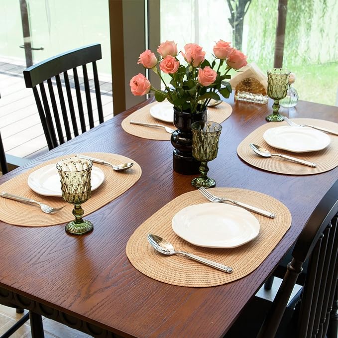 Noctiflorous Oval Braided Placemats Set of 4 Woven 12x18 Inch Non Slip Washable Heat Resistant Place Mats Round Tablemats for Dining Kitchen Party Daily Table Decor Dinner Mats (Beige Brown, 4)