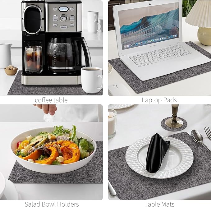 MOSAYT Placemats Set of 4, Heat Resistant Vinyl Place Mats with Coasters, Waterproof Wipeable Washable Faux Leather Table Mats for Kitchen Dining Party Indoor Outdoor, 12" x 17", Dark Light Grey