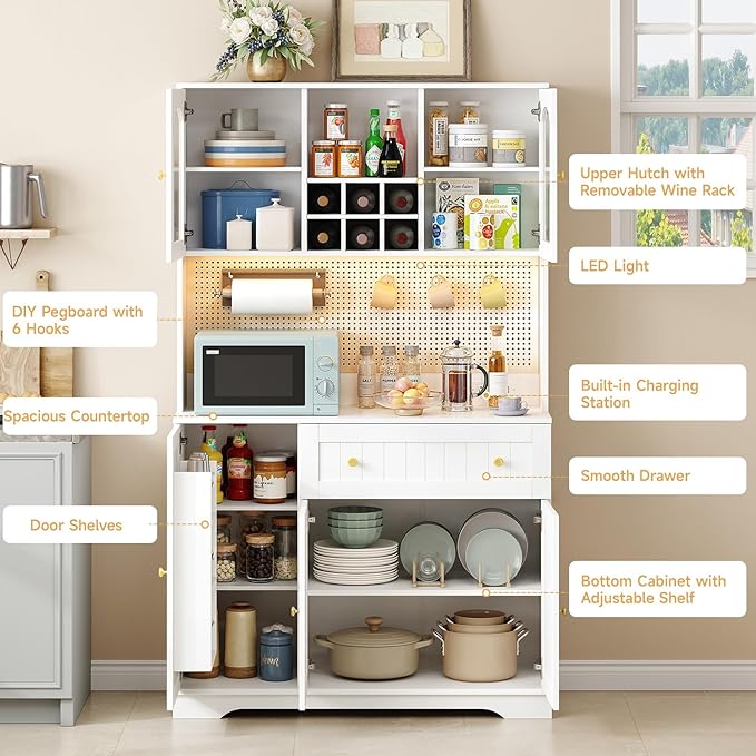 ONBRILL 71" Pantry Storage Cabinet with Microwave Shelf & Door Shelves, Kitchen Wood Pantry with Outlet & LED Light, Kitchen Hutch with DIY Pegboard & 6 Hook, Modern Cabinet with Drawer & Wine Rack