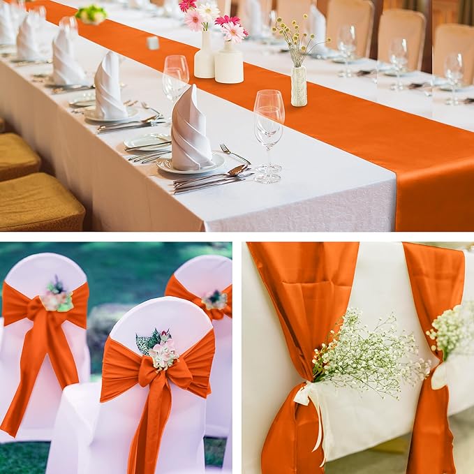 Aneco 4 Pack Satin Table Runner 12 x 108 Inch Orange Long Bright Silk and Smooth Fabric Party Table Runner for Wedding Banquet Party Decoration