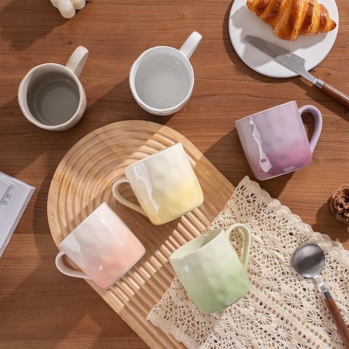 Porcelain Coffee Mugs Set of 6 with Hand Pinch Texture, Non-toxic, Stylish Gift 12 OZ Ceramic Coffee Tea Milk Coco Mug, Microwave and Dishwasher Safe (Multicolor)