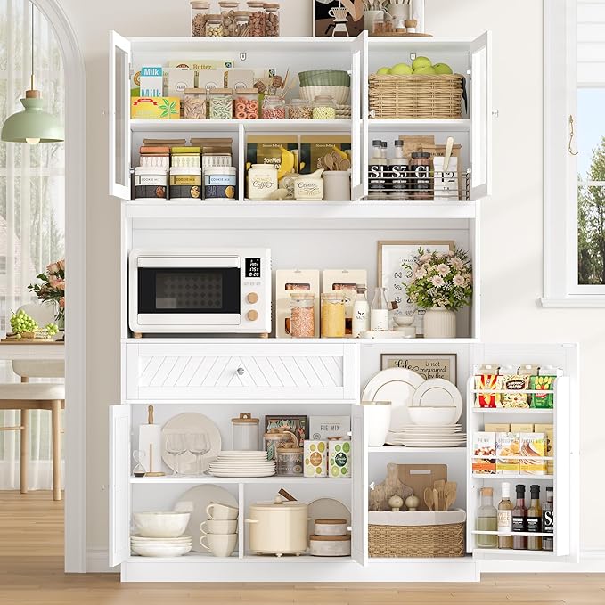 72??Tall Kitchen Pantry Storage Cabinet, Modern White Kitchen Hutch with Large Storage Drawer, Countertop, Adjustable Shelves, Food Pantry Cabinets for Dining Room, Living Room