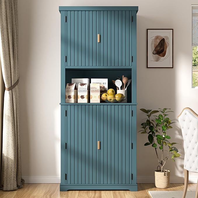 BlueWish 72" Pantry Cabinet with Cable Management Hole, Tall Kitchen Pantry Storage Cabinet with Microwave Stand, Kitchen Cupboard Fluted Buffet Sideboard Hutch for Living Room, Dining Room