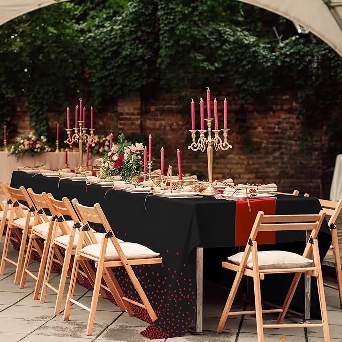 16Pack Disposable Plastic Party Tablecloths and Satin Table Runner Set Black and Red Dot Table Cloth Red Satin Table Runner for Wedding Birthday Baby Shower Anniversary Holiday Party Decorations