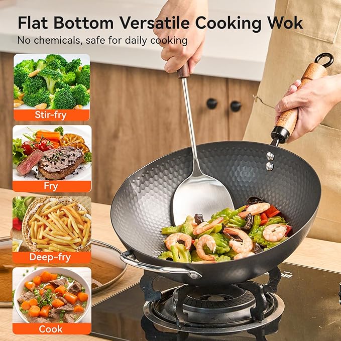 WANGYUANJI 12.6" Wok with Lid, Flat Bottom Nonstick Iron Wok Pan for Induction, Gas and Electric Stoves, Deep Stir-Fry Pan for Everyday Cooking