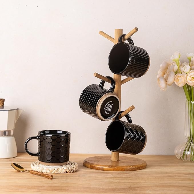 GBhome 6OZ Stackable Coffee Mugs, Ceramic Coffee Mugs with Texture Patterns for Man,Woman,Dad,Mom, Modern Coffee Cups Set of 4 for Espresso/Cappuccino/Cocoa. Dishwasher&Microwave Safe, Black