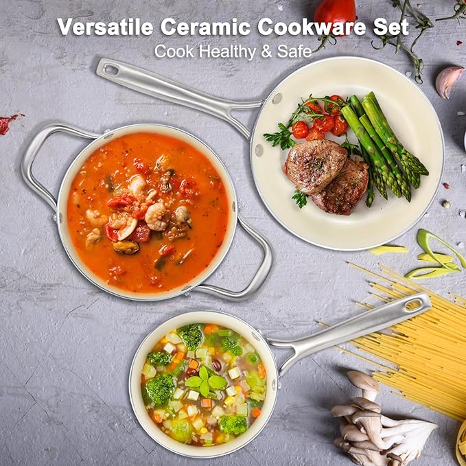 Pots and Pans Set, 7 Piece Nonstick Ceramic Cookware Set, Kitchen Induction Cookware Sets, Pots and Pans Non Stick with Oven Safe Handle, 100% PFOA Free, Blue