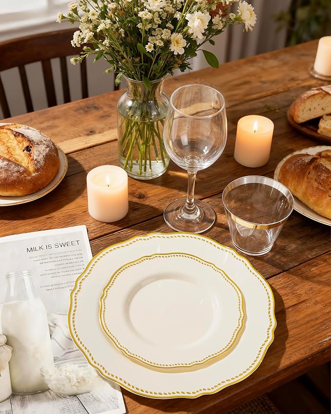 Hioasis 60PCS Ivory Plastic Plates - Ivory and Gold Disposable Dinnerware with Gold Rim, Heavy-duty, 10 inch, Dinner Plates for Party & New Year