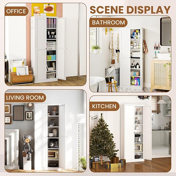 Metal Pantry Storage Cabinet with 2 Doors and 5 Adjustable Shelves, 72" Tall Kitchen Storage Cabinets for Kitchen Dining Room Living Room Bathroom,Assembly Required (White)