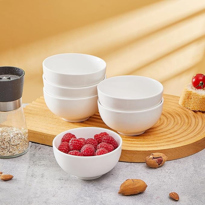AntoKueh White 4.5in Small Ceramic Bowls, 12 OZ Cereal Bowls Set of 6 for Dessert, Rice, Jello, Pudding, Yogurt, Dishwasher/Microwave safe, Bone China