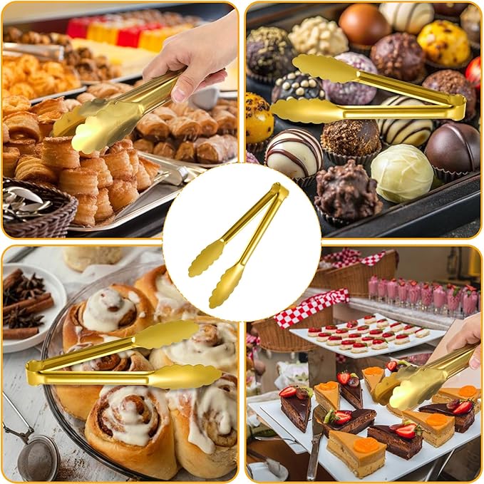 8-Piece Gold Serving Tongs, Gold Serving Utensils, Stainless Steel Plated Buffet Serving Tong,Salad Buffet Tongs,9 Inch