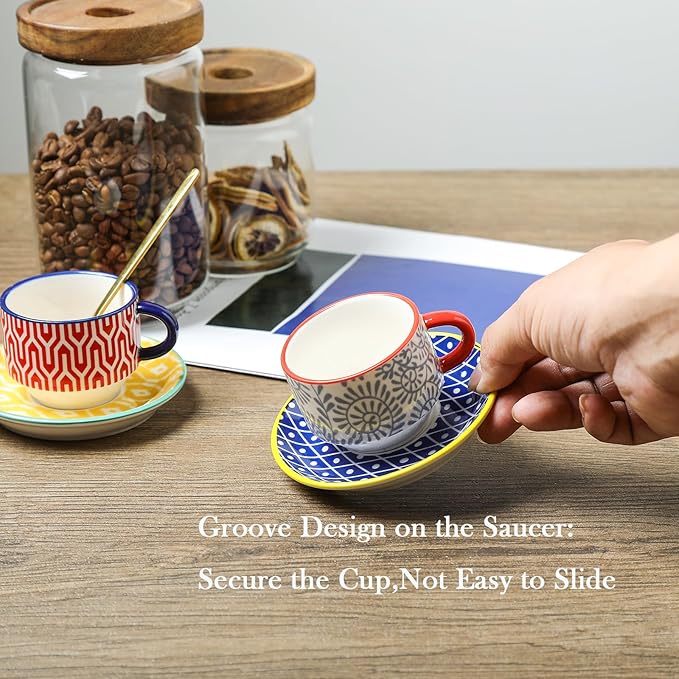 Selamica Ceramic Espresso Cups with Saucers and Metal Stand, 2.5 OZ Stackable Demitasse Cups for Espresso Latte Caf챕 Mocha Tea, Set of 4, Assorted Colors