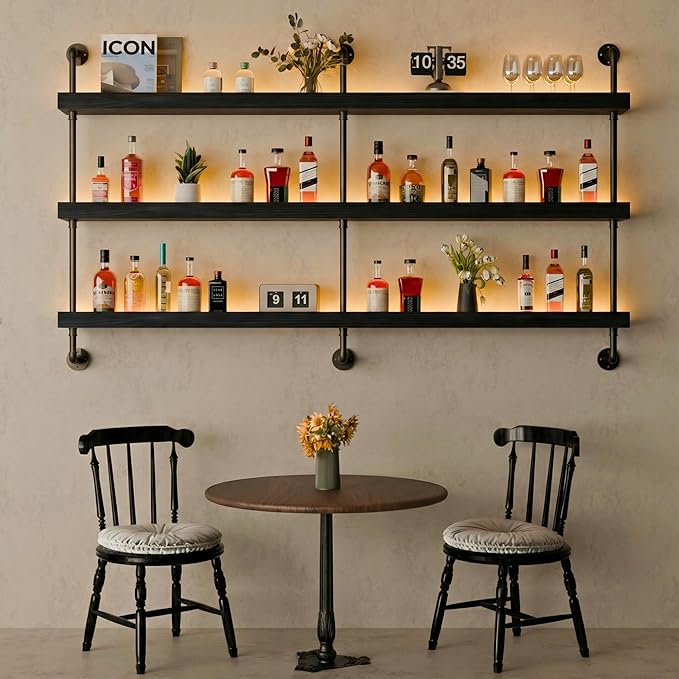 Wall Mounted Wine Rack with LED Light, LED Industrial Pipe Liquor Bar Shelves, 3-Tier Rustic Hanging Organizer for Wine Bottle Storage in Kitchen, Bar, Pub, Cellar(Black, 60 Inch)