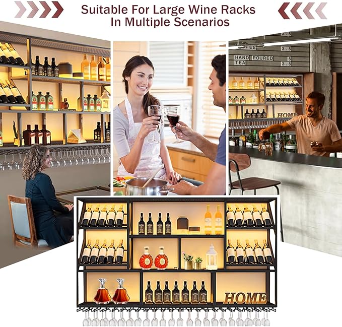 3 Tier Large Wine Rack Wall Mounted, Modern Industrial Liquor Bottle Display Shelves, Metal Bar Shelf with Wine Glass Rack, Black, for Home Kitchen, Dining and Bar