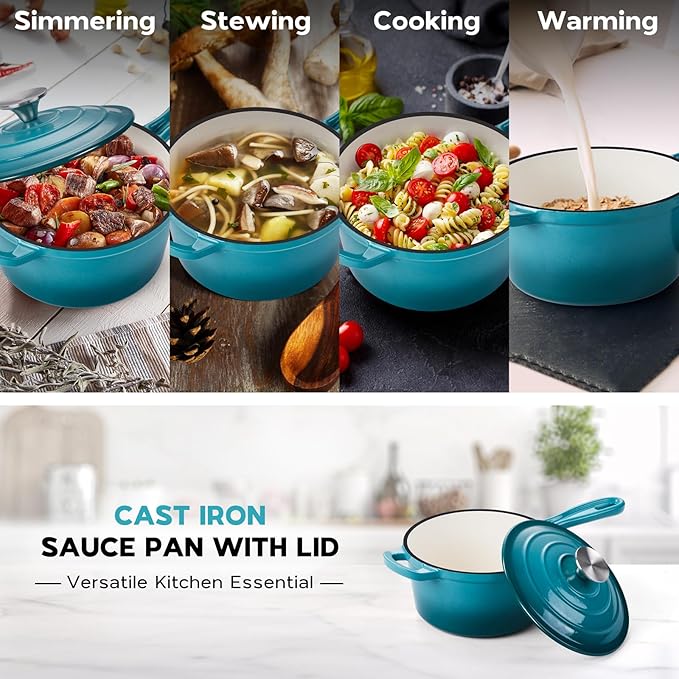 Onader 1QT Saucepan with Lid, Enameled Cast Iron Sauce Pan, Small Cast Iron Pot for Cooking, Enameled Dutch Oven Nonstick & Heavy Duty ??Dark Cyan