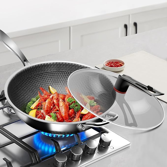 Wok, 12 Inch Stainless Steel Wok, Hybrid Nonstick Woks & Stir-fry Pans with Lid, Honeycomb Flat Bottom Pan with Stay-Cool Handle, Dishwasher and Oven Safe, PFOA Free Cookware