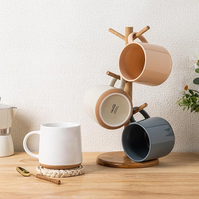 GBhome Ceramic Coffee Mugs Set of 4, 17oz Handmade Ceramic Coffee Mugs Set with Terracotta Underside for Latte/Tea/Beer/Hot Cocoa, Dishwasher & Microwave Safe