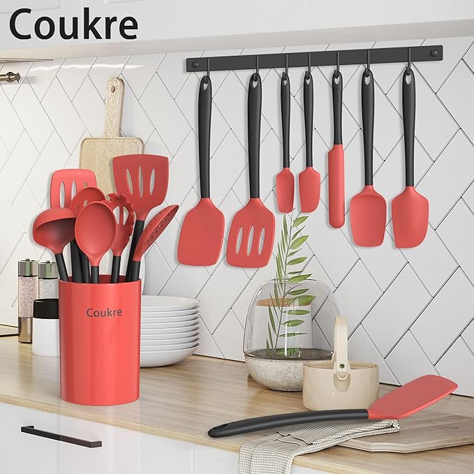 Coukre Silicone Kitchen Cooking Utensils Set with Holder ??Heat-Resistant, Food-Grade Kitchen Tools, Spatula, Spoon & Gadgets for Non-Stick Pans, Dishwasher Safe (14, Red)