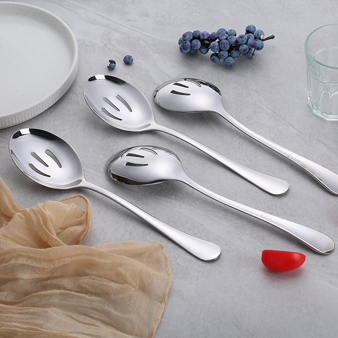 E-far Large Serving Slotted Spoons Set of 4, 9.8 Inch Stainless Steel Serving Utensils Set, Big Buffet Spoons for Party Catering Wedding Kitchen Restaurant, Dishwasher Safe