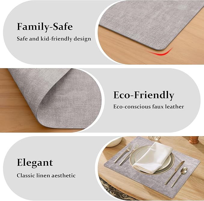FROMHEART Faux Leather Placemats Set of 6?밯aterproof,Heat/Oil Stain-Resistant PU Table Mat?밨eversible,Non-Slip,Easy to Clean Place Mats for Kitchen,Dining,Indoor/Outdoor,(Light Grey,11.8" x 17")