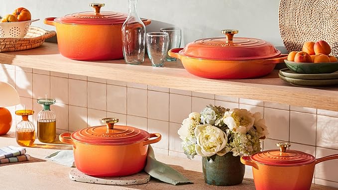Le Creuset Enameled Cast Iron Signature Braiser 5 qt., Flamme Doree with Crucible Knob