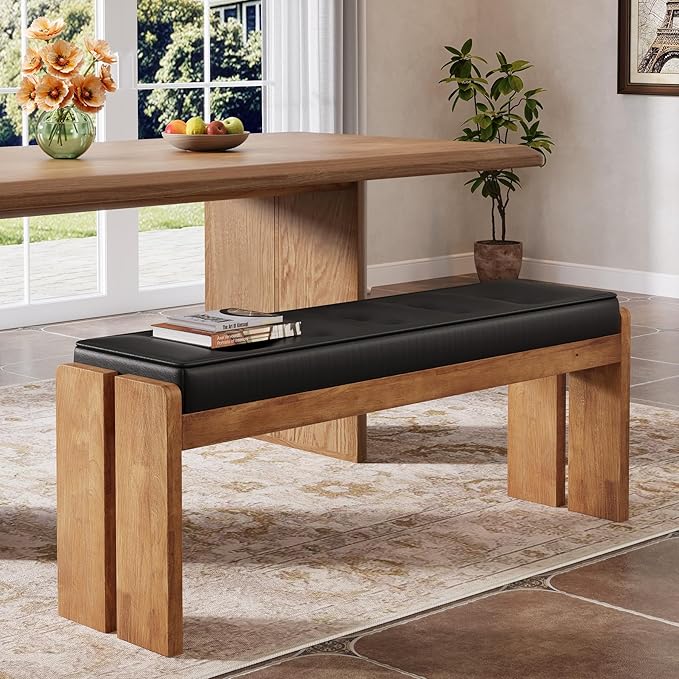 TRIBEWOOD 47-Inch Solid Wood Entryway Bench, Modern End of Bed Bench with Button-Tufted Leather Pad and Wooden Legs, for Living Room, Bedroom, Kitchen, Hallway, Black & Brown