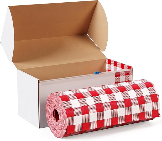 Party Solids 54 Inch X 300 Feet Red Gingham Plastic Table Cover Roll in A Cut - to - Size Box with Convenient Slide Cutter. Cuts Up to 36 Rectangle 8 Feet Plastic Disposable Tablecloths