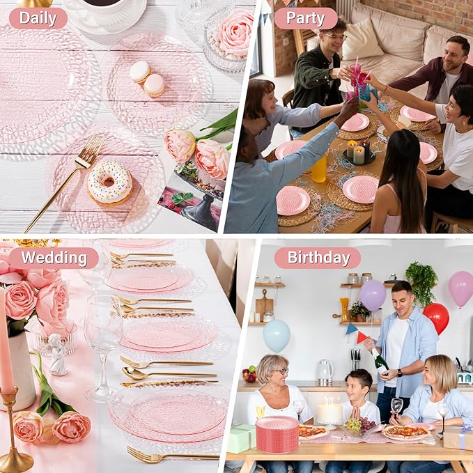 Rubtlamp 100 Pcs Clear Pink Plastic Plates Dinnerware Set, Hammered Plastic Pink Plates Set,Clear Disposable Party plates Include 50 Dinner Platos,50 Dessert Platos