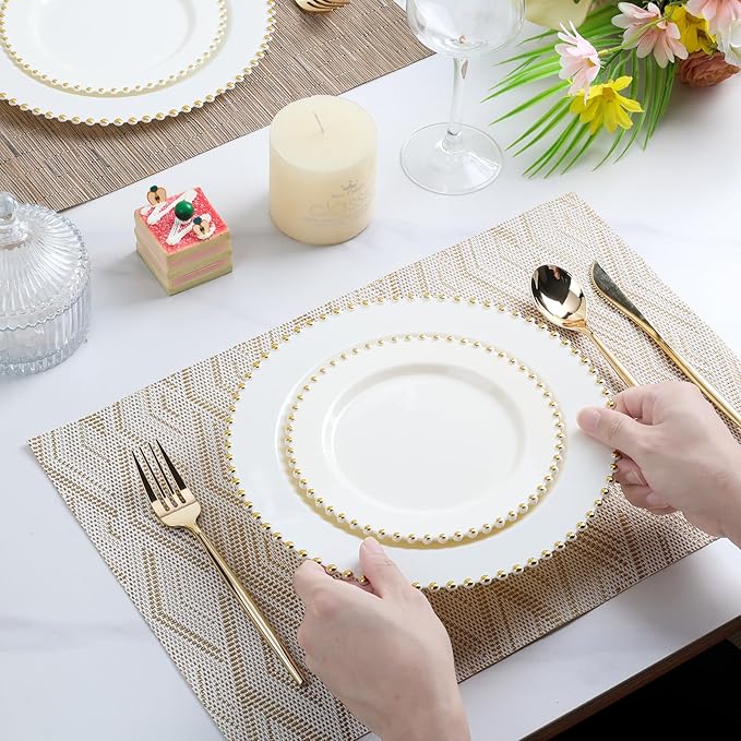 EI 60pcs Beige Plastic Plates with Gold Rim,Ivory Disposable Plates,Heavy Duty Fancy Plastic Plate Elegant for Party,Wedding,Birthday,Spring,Afternoon tea