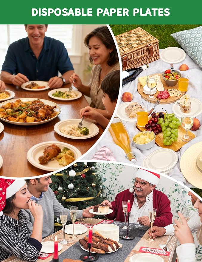 144Pack Disposable Paper Plates 100% Compostable Heavy Duty Paper Plates 7Inch Biodegradable Sugarcane Plate BPI Certified Eco-Friendly Disposable Plate for Desserts, Appetizer, Salad