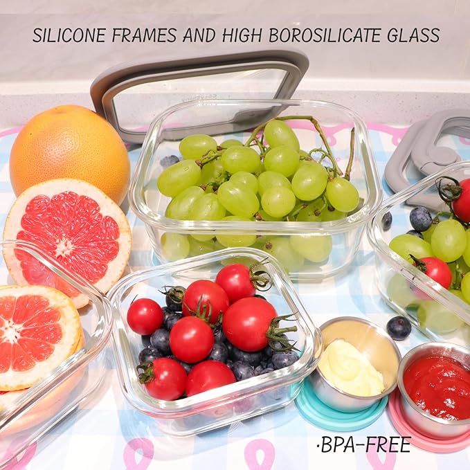 Glass Food Storage Containers with Silicone Glass Lids, 304 Stainless Steel Salad Dressing Containers, Microwave-safe LeakProof Food Containers Set, 100% Plastic Free-4-pack(Grey)