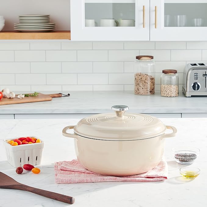 Lodge 6 Quart Enameled Cast Iron Dutch Oven with Lid ??Dual Handles ??Oven Safe up to 500째 F or on Stovetop - Use to Marinate, Cook, Bake, Refrigerate and Serve ??Sandalwood