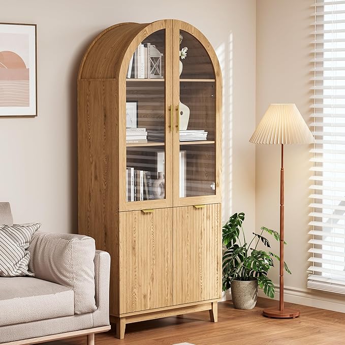 Pamapic 71" Tall Arched Cabinet, Fluted Kitchen Pantry with Glass Doors & Adjustable Shelves, Arch China Storage Cabinet, Wooden Pantry for Dining Room, Living Room (Natural)