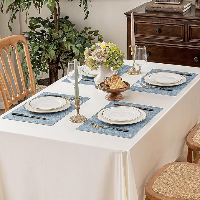 Romanstile Vinyl Placemats Set of 4-12 X 18 Inch - Heat Resistant Non-Slip Embossed Floral Place Mats 100% Waterproof Oilproof Wipeable Faux Leather Table Mats for Kitchen/Dining/Party, SkyBlue