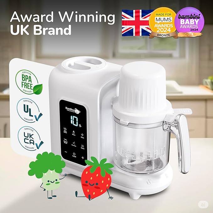 BooBoo PuréePro® 5 in 1 Baby Food Maker, Multifunctional Puree Blender Processor, Auto Cooking & Grinding Chopper, Includes Steamer, Bottle Warmer, Steriliser & Self Cleaning Operation