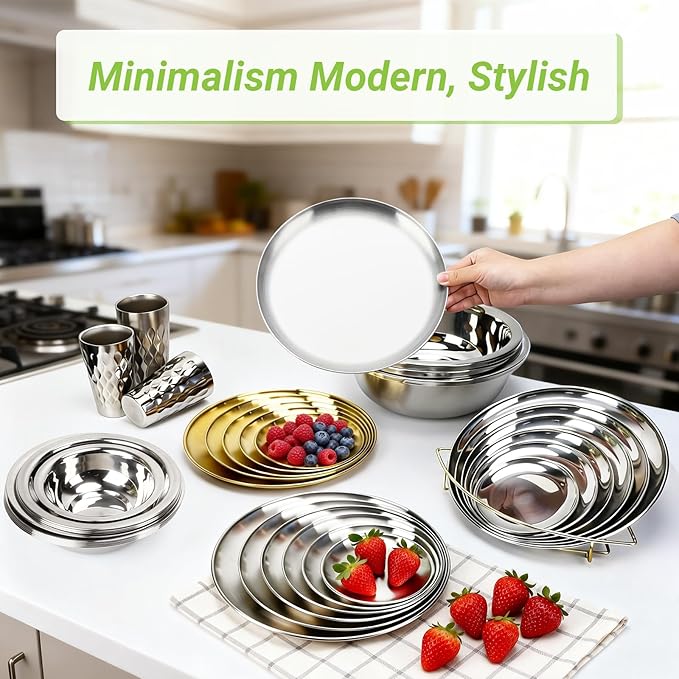 Metal Dinner Plate, 10 Pack 10.2 inch Large 201 Stainless Steel Plates, Reusable Lunch Salad Pizza Food Serving Snack Eating Dishes Round Brushed Finish Silver Sturdy Dish Oven Dishwasher Safe