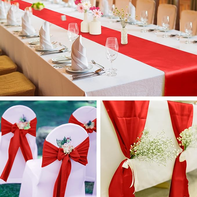 ANECO 4 Pack Satin Table Runner 12 x 108Inch Long Bright Silk and Smooth Fabric Party Table Runner for Wedding Banquet Party Decoration- Red