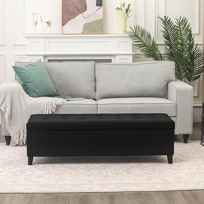 DECO DE VILLE Ottoman with Storage, 51 Inch End of Bed Storage Ottoman Bench, Linen Fabric Upholstered Ottomans with Hinged Lid, Rectangle Long Foot Rest Bench for Entryway Living Room Bedroom Black