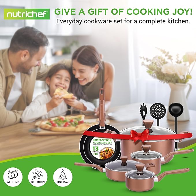NutriChef Kitchenware Pots & Pans - Stylish Kitchen Cookware Set, Non-Stick (13-Piece Set), Brown, One Size, (NCCWA13BR.5)