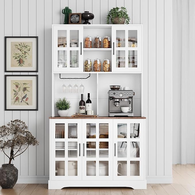 Keyluv Kitchen Pantry Storage Cabinet 71" Tall Freestanding Pantry Cabinet, Farmhouse Glass Door Buffet with Oven Countertop, Large Wood Hutch for Kitchen, Living Room and Dining Room, White