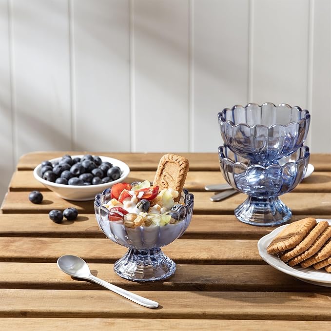 KMwares 6PCs Set 5oz Small Cute Footed Tulip Glass Dessert Bowls/Cups - Perfect for Dessert, Sundae, Ice Cream, Fruit, Salad, Snack, Cocktail, Condiment, Trifle and Christmas Holiday Party (Blue)