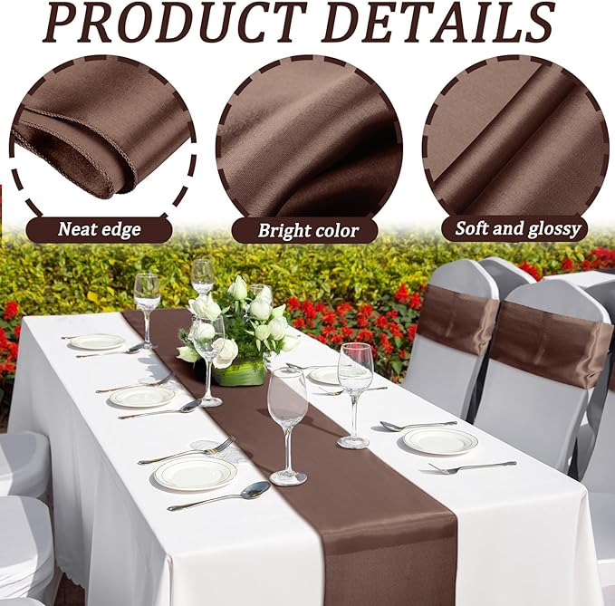 Bencailor 24 Pcs Brown Satin Table Runner Bulk 12 x 108 Inches Long Table Runners Bright Smooth Fabric Tablecloth for Wedding Banquet Birthday Valentines St Patrick's Day Party Decorations