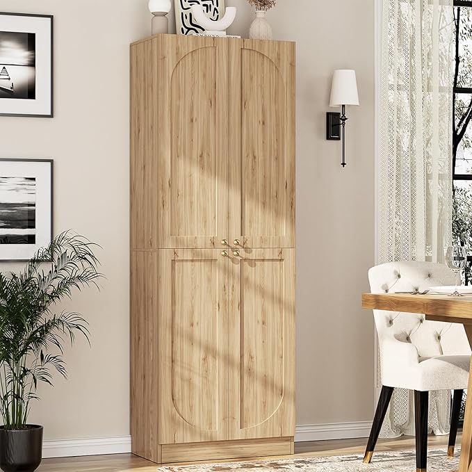 Cyclysio 80" Kitchen Pantry, Extra Tall Arch Storage Cabinet with 4 Doors and Adjustable Shelves, Freestanding Wood Cupboard with Seamless Fit Wall for Dining Living Room Bathroom Furniture (Natural)
