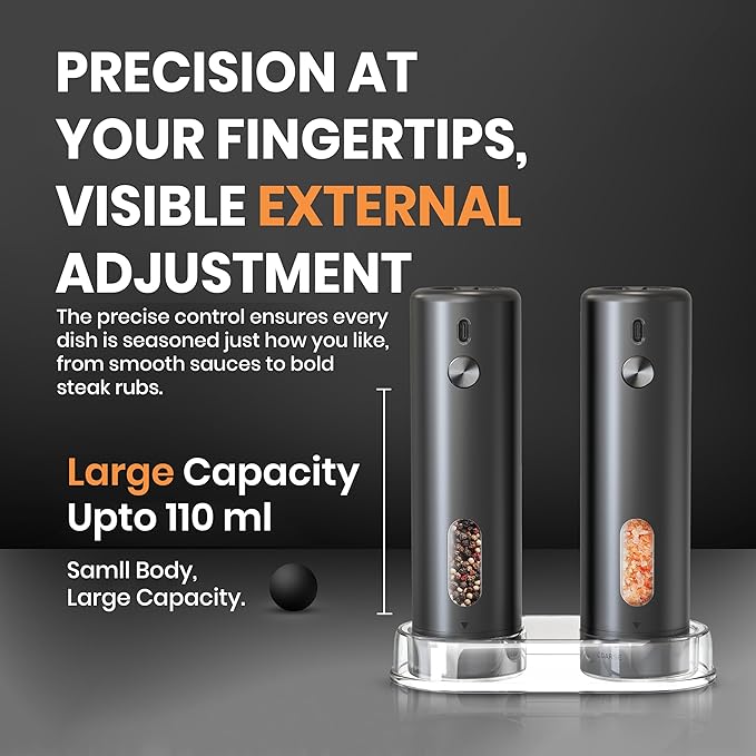 Electric Salt & Pepper Grinder Set 110mL Capacity ??Automatic Battery Operated Shakers, 5-Level Adjustable Coarseness, 1 Touch Operation, Type C Charging