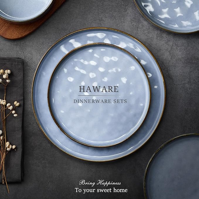 HaWare Dinnerware Sets, 6-Piece Plates and Bowls Set, Stoneware Dish Set for 2, Ceramic Dinnerware for Home Restaurant, Chip and Scratch Resistant, Microwave and Dishwasher Safe, Reactive Blue